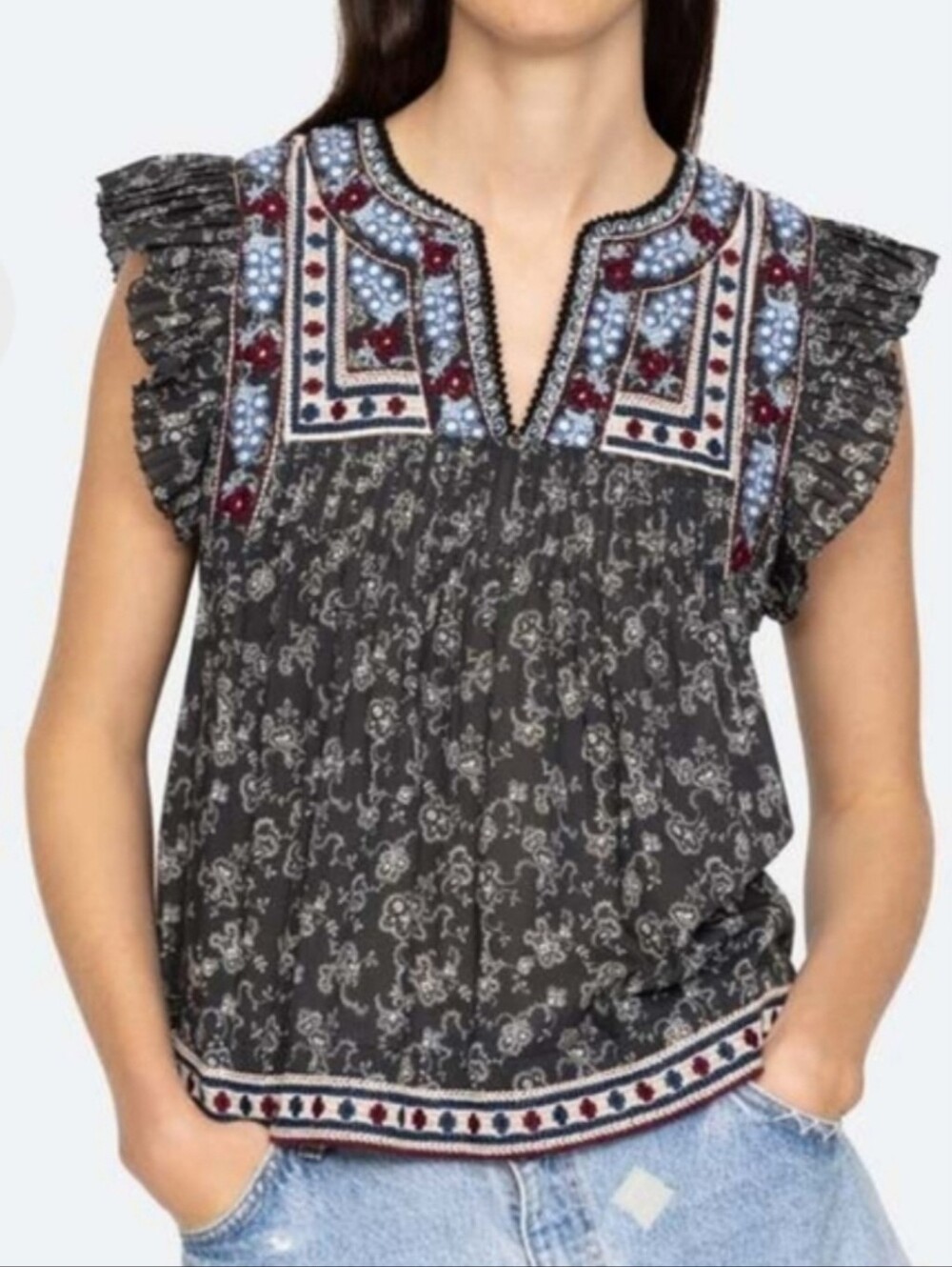 Sea New York Embroidered Cotton Everly Blouse, Grey Floral XXS, Boho Artisinal